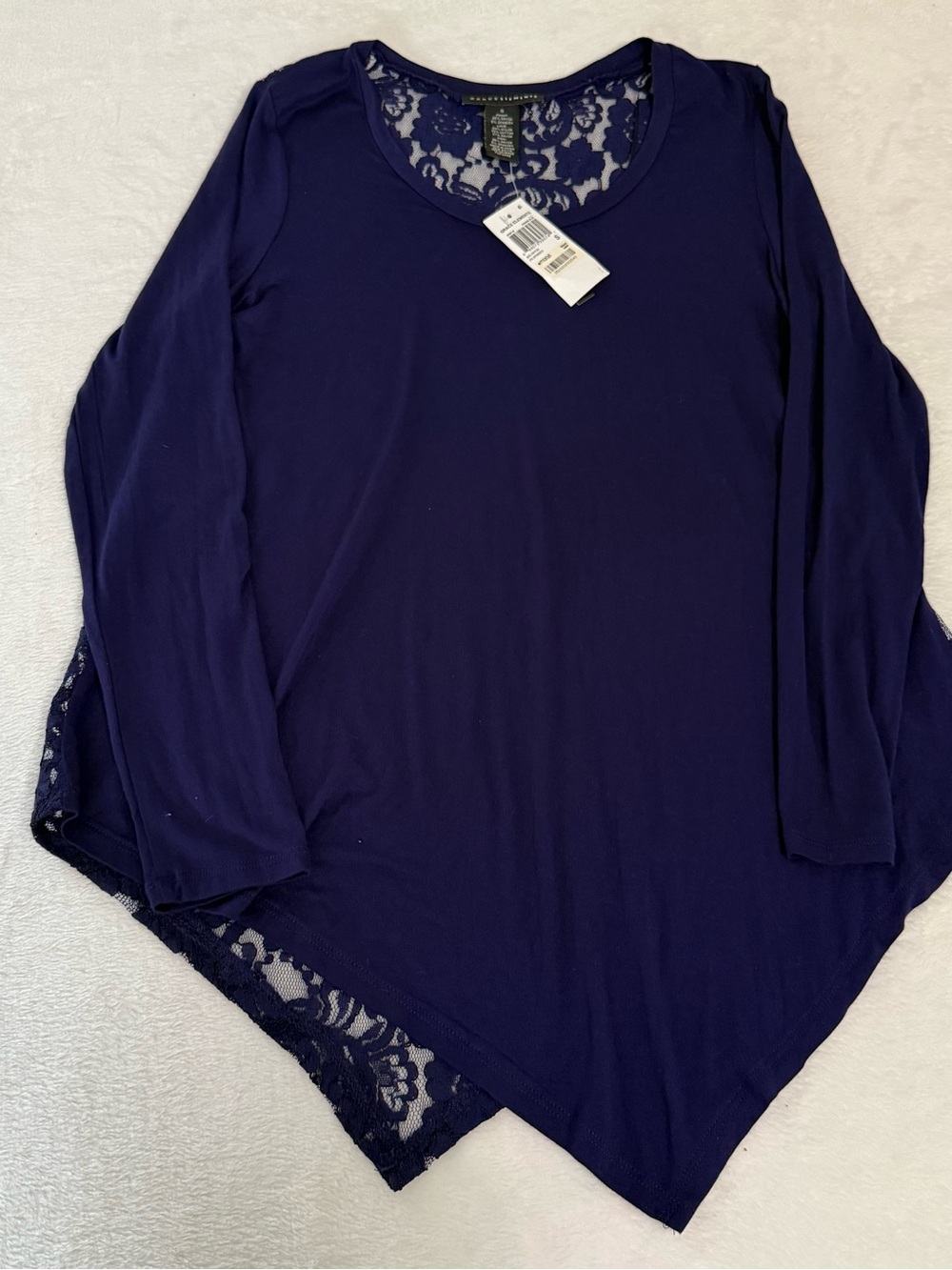 NWT Grace Elements Womens Small Navy Blue Lace Back Hi Low Tunic Top Long Sleeve